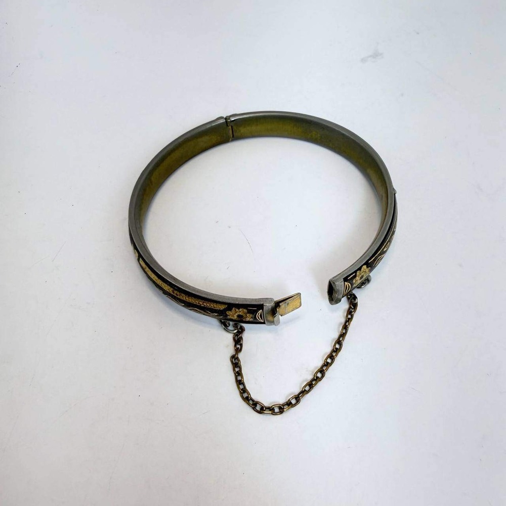 Vintage Damascene Bangle Bracelet Gold Tone Floral Inlay Safety Chain Spanish